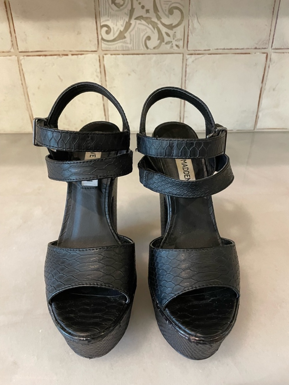 Steve Madden Black Faux-Snakeskin Platform Sandals